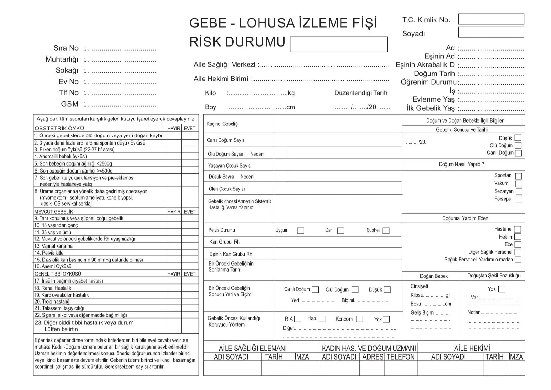 Gebe lohusa izleme fişi ön yüz risk durumu