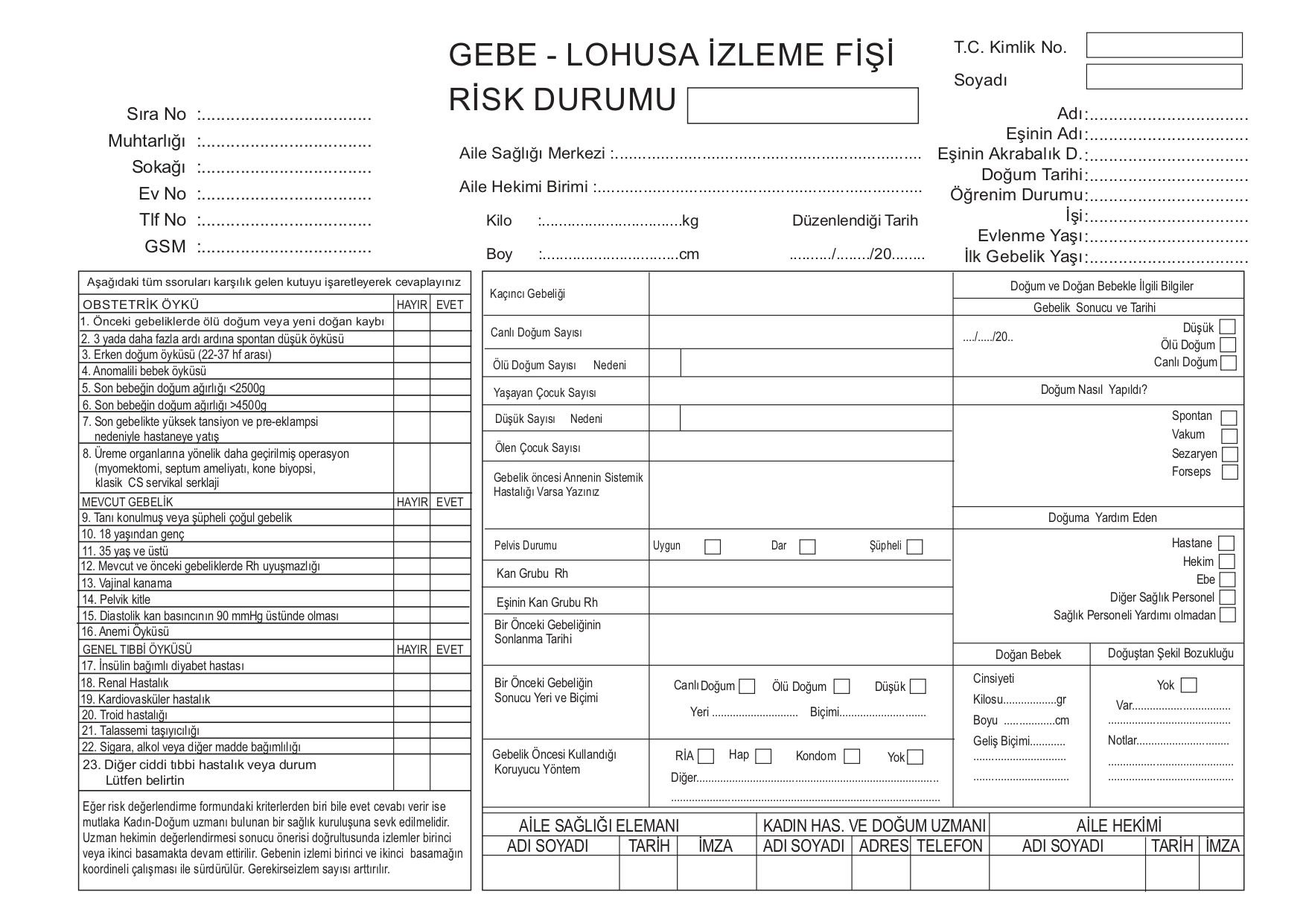 Gebe Lohusa İzleme Fişi