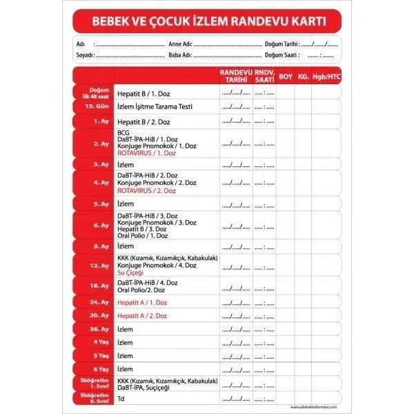 Bebek ve çocuk izlem randevu kartı ön yüz