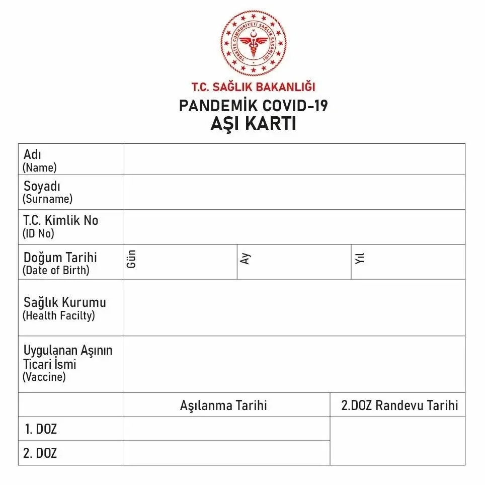 Pandemik Covid-19 aşı kartı ön yüz