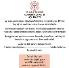 Pandemik Covid-19 aşı kartı arka yüz bilgilendirme